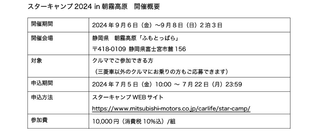 三菱　今年のスターキャンプは2泊3日で9月6日に朝霧高原で開催