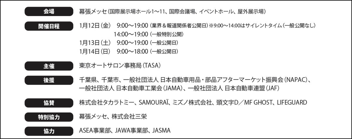 【東京オートサロン2024】2024年1月12日〜14日の3日間、幕張メッセ(千葉県・千葉市)で開催