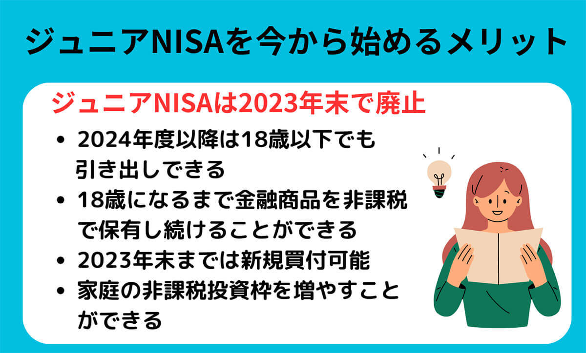 ジュニアNISA廃止後の代わりの制度と2023年末までにあえて始めるメリット