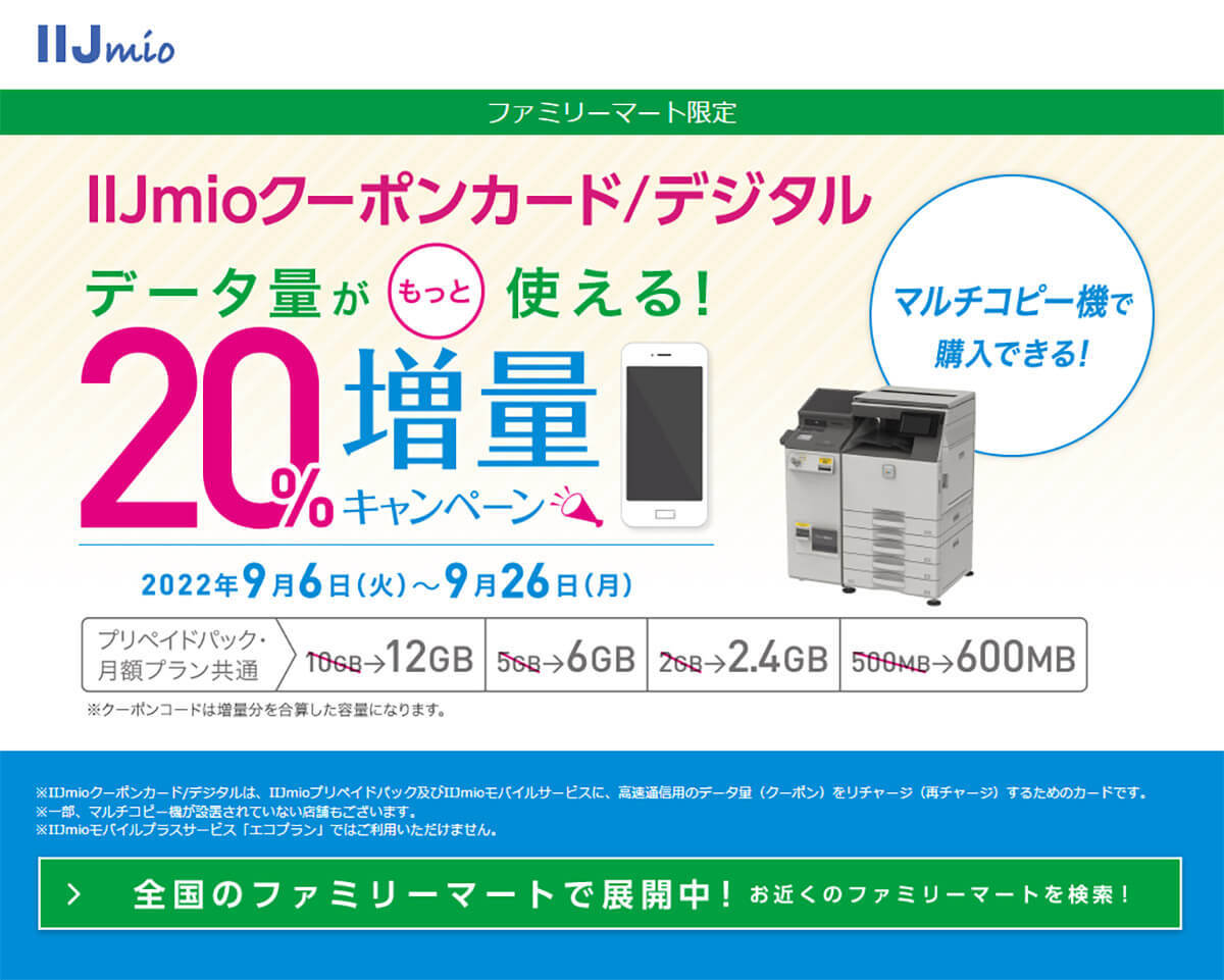 「IIJmioクーポンカード/デジタル」をファミマで購入すると20%増量！ 9月26日まで