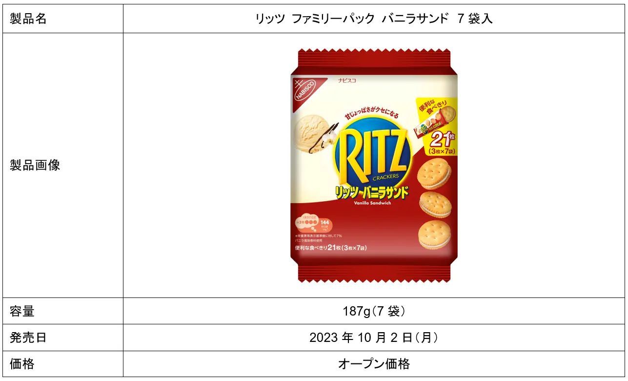 バニラ派に朗報！便利な食べきりパックで、「リッツ ファミリーパック バニラサンド」新登場！