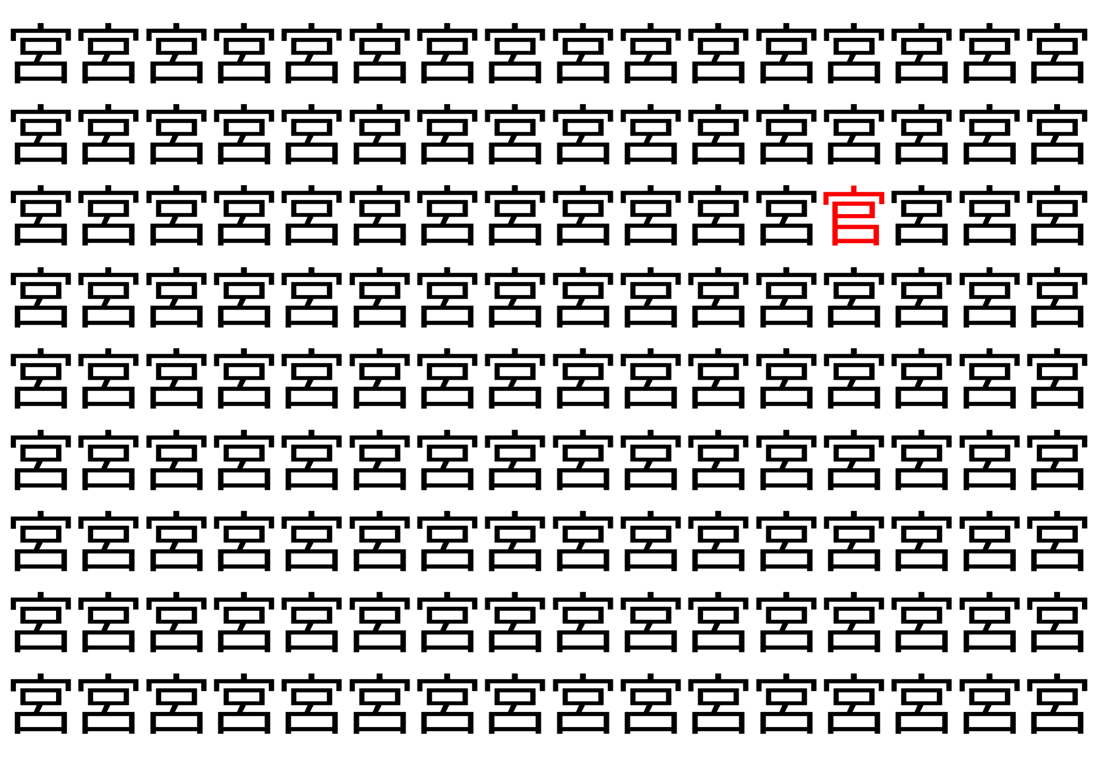 【脳トレ】「宮」の中に紛れて1つ違う文字がある！？あなたは何秒で探し出せるかな？？【違う文字を探せ！】