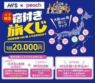 HISとPeach、3月1日より「宿付き旅くじ」の販売を開始