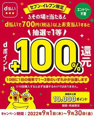 d払いキャンペーン、セブンで一度に700円以上の決済で全額還元が当たる！