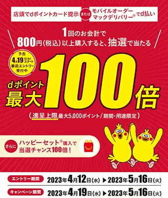 マクドナルド、抽選でdポイント最大100倍が当たるキャンペーン　本日から