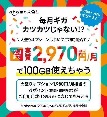 ahamo、大盛りオプション実質0円キャンペーン、12月31日まで