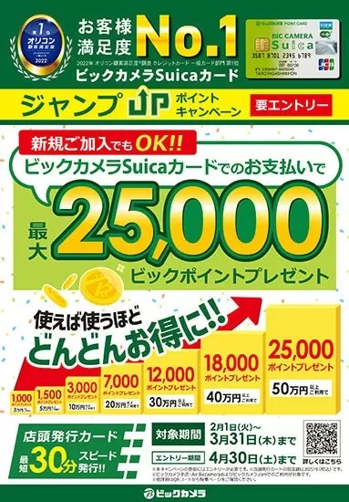 最大2万5000ポイントの「ビックカメラ Suicaカード」ジャンプUPキャンペーン！