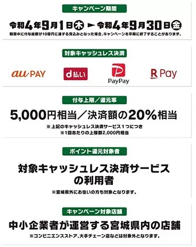 「みやぎを応援！最大20％戻ってくるキャンペーン」　au PAY・d払い・PayPay・楽天ペイで支払ってお得！