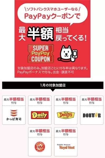 1月もスーパーPayPayクーポンがお得！　デニーズやかっぱ寿司で最大半額