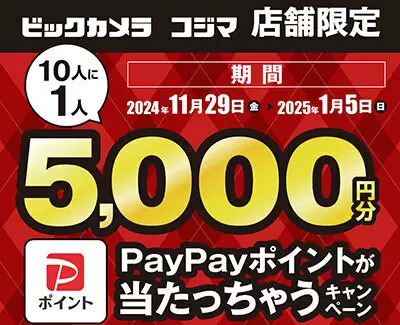 ビックカメラとコジマ、1000円以上の買い物で10人に1人、「5000円分のPayPayポイント」が当たるキャンペーン