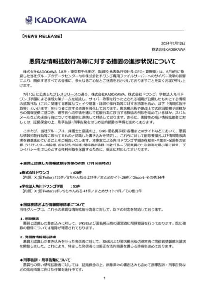 KADOKAWA、悪質情報拡散者を刑事告訴へ　削除済み書き込みも含め法的措置を進行中