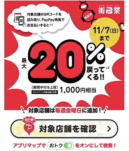 「街のお店を応援！最大1,000円相当 20％戻ってくるキャンペーン」早期終了、11月7日まで