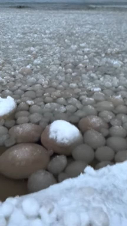 自然の生んだ奇跡の光景！ミシガン湖の湖岸に丸い岩が打ち寄せて浮いていると思いきや・・・、これはアイスボールと呼ばれる球状になった氷なのです！