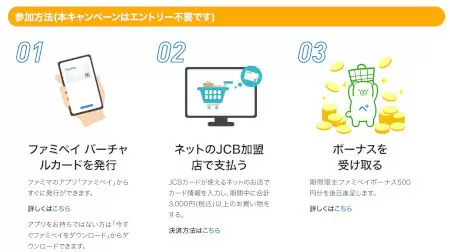 「ファミペイ バーチャルカード」開始記念！　ネットのJCB加盟店で3000円以上の利用でもれなく500円相当もらえる！