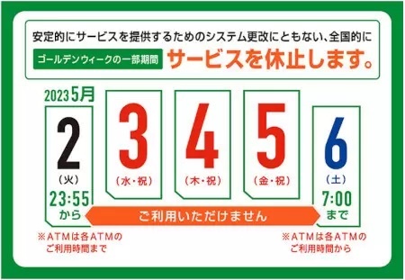2023年GWの一部期間、「ゆうちょ銀行」休止