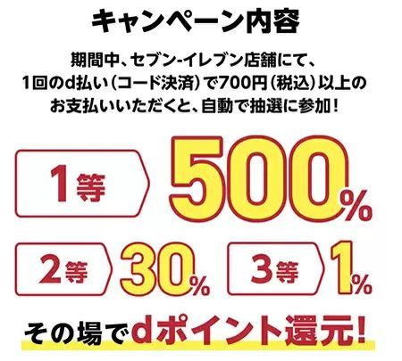 セブン‐イレブン　その場で当たる最大500％還元キャンペーン　d払いで700円以上支払いで