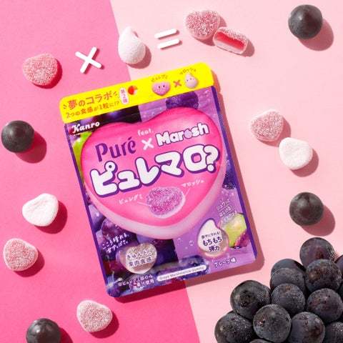 「果肉食感」の「ピュレグミ」と”もちもち弾力食感”の「マロッシュ」が一体化！カンロ 「ピュレマロ？グレープ」 新発売