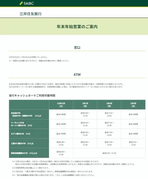 2022～23年における銀行の営業日・休業日は？　みずほ・三井住友・三菱UFJ・ゆうちょ・りそなの年末年始