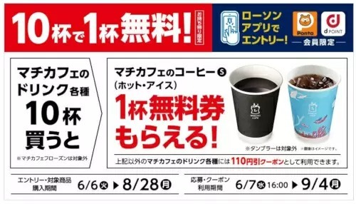 Ponta/dポイント会員限定！　ローソンでマチカフェ無料券がもらえるキャンペーン