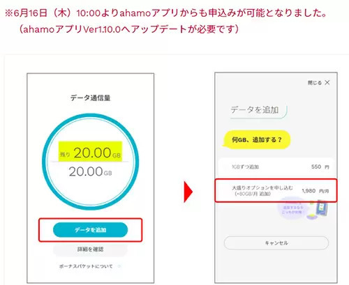 ahamo「大盛りオプション」、ahamoアプリからの申込開始