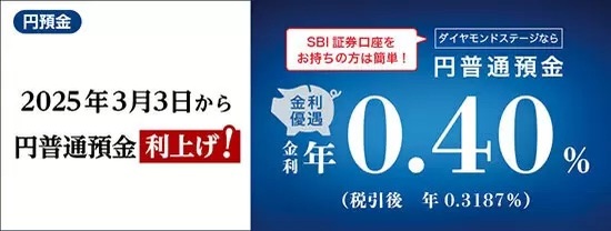 SBI新生銀行、「ダイヤモンドステージ」特典の円預金金利を3月3日から引き上げ　年0.40％に