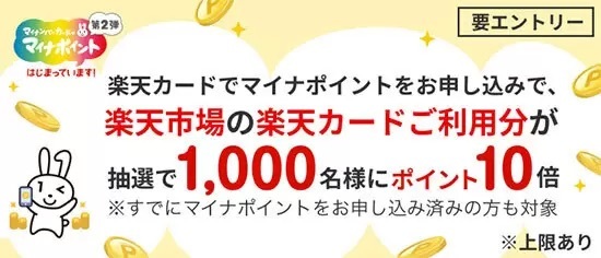 楽天カード、8月31日までのマイナポイント申込で抽選で当たる！