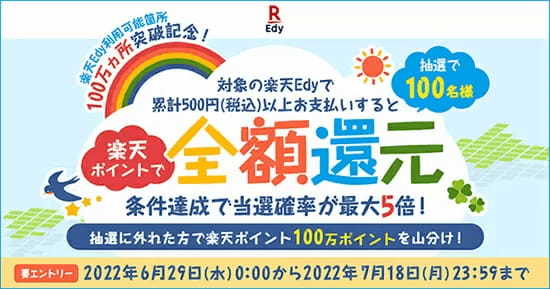 楽天Edy、100万カ所突破記念、抽選で楽天ポイント全額還元！