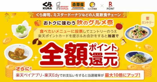 楽天ポイントカード「抽選で全額ポイント還元！おトクに味わう秋のグルメ祭！」、9月1日から