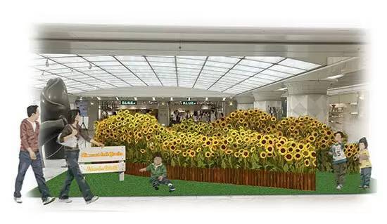 大阪・なんばの地下街「なんばウォーク」に1万本の「生花のひまわり」出現！