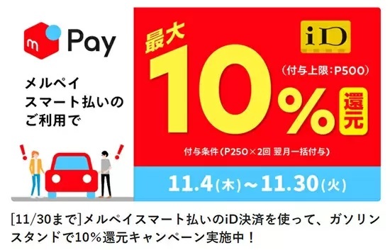 ガソリン代高騰の対策に、今ならメルペイのiD決済で「10％還元」