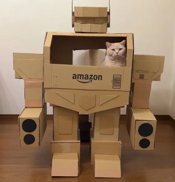 パイロットは猫　ダンボール製「未来のアマゾン配達ロボット」が勇ましい