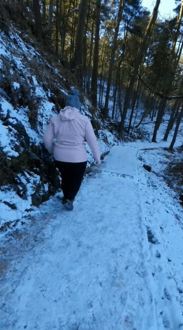 凍った雪道を愛犬と歩く夫婦。転ばないように気を付けて歩いていたみたいなのですが・・【海外・動画】