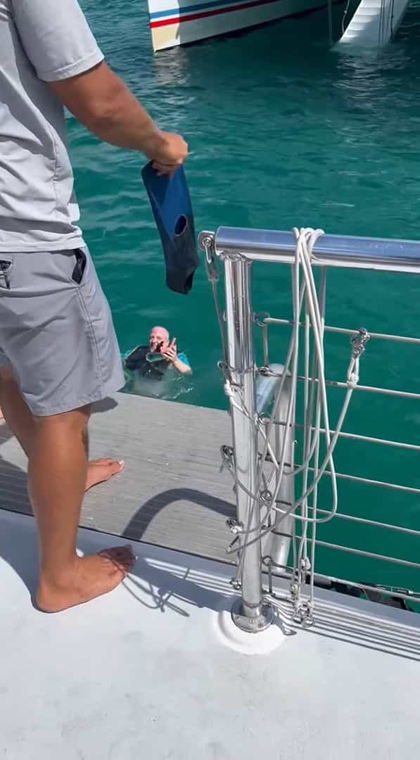 シュノーケリングを付けた男性。キレイな海にダイブしようとしたところ・・、まさかのハプニングが!!【アメリカ・動画】