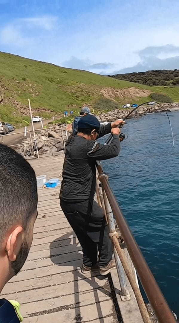 立派なイカを釣り上げた男性。イカも一矢報いるために最後のひとあがきをするのですが・・、その被害にあったのは釣り人ではありませんでした！