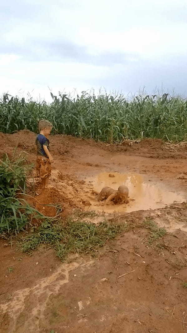 泥遊びを全身で満喫する幼い男の子たち。汚れなんかなんのその、大きな水たまりにザブンと飛び込んでいきます！！