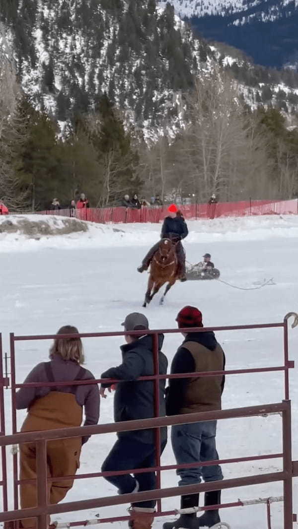 男性の乗るチューブを曳いて雪上を駆けていく馬。実はこれ、オリンピックでも人気の『あの競技』を行っているところでした！！【海外・動画】