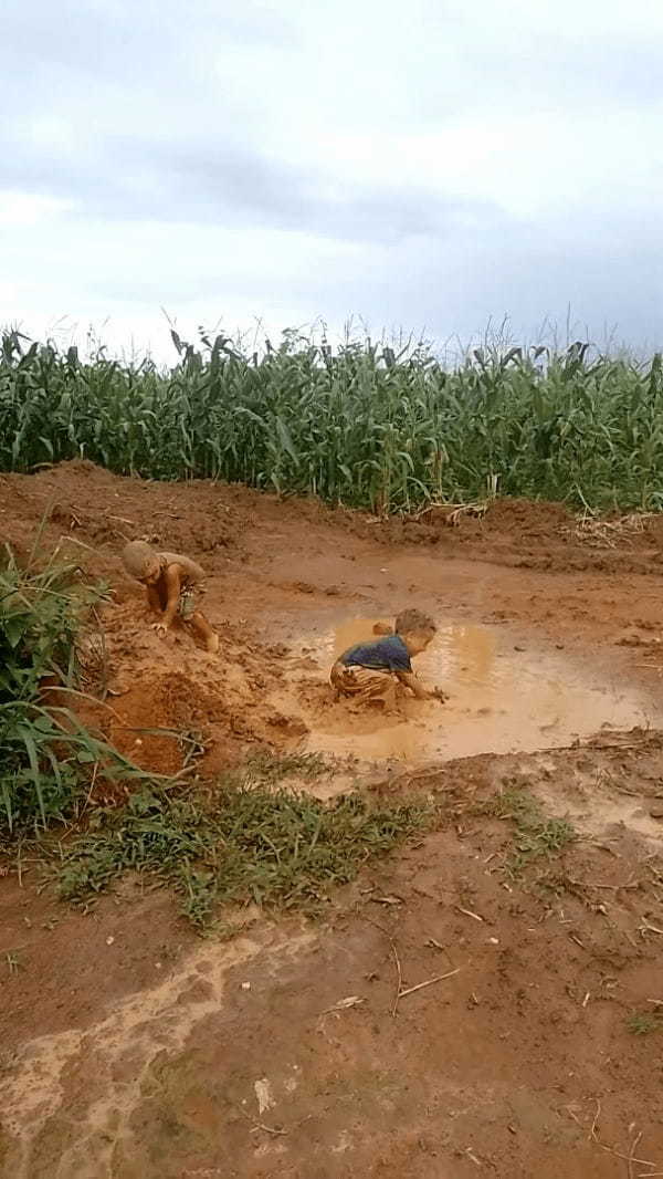 泥遊びを全身で満喫する幼い男の子たち。汚れなんかなんのその、大きな水たまりにザブンと飛び込んでいきます！！