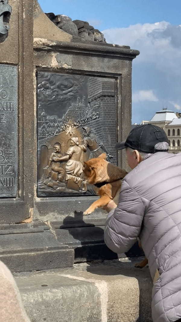 プラハの観光地で目撃された微笑ましい光景。撫でると願いが叶うとされるプレートを、おじいさんが愛犬にもナデナデさせていました！