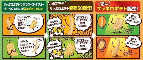 形が入れ替わった！？発売50周年を記念した今年だけの特別商品『逆にサッポロポテト アミアミの形になったつぶつぶベジタブル』『逆にサッポロポテト スティックの形になったバーべＱあじ』