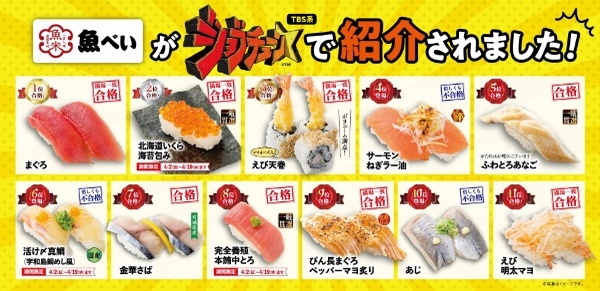 魚べいがTBS系人気番組「ジョブチューン」※に出演！満場一致で合格の多数獲得を記念した『ジョブチューンフェア』4/2(日)～4/19(水)にて期間限定開催！