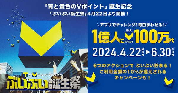 「青と黄色のVポイント」誕生記念キャンペーン、抽選で1,000～100万ポイント当たる！