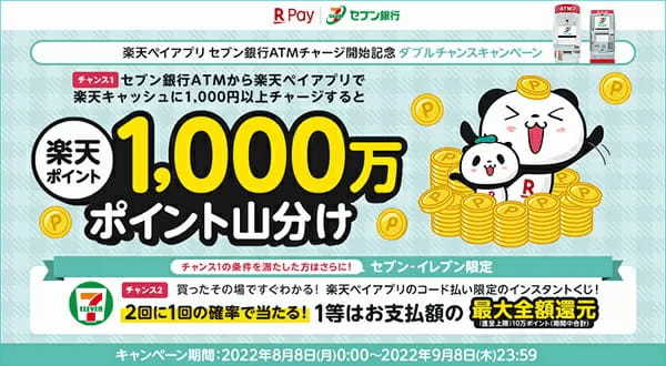 セブン銀行ATMで現金チャージ＆セブン-イレブンで楽天ペイアプリを使うと抽選で最大全額還元！　9月8日まで