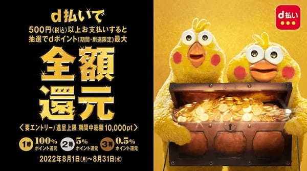 8月のドコモ「d払い」キャンペーン、一度に500円以上の決済で全額還元が当たる！