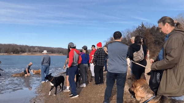 大変！犬が氷の張った湖の中に落ちちゃった！！この子を救うため男性が氷を割りながら湖の中を進んでいきます！！【アメリカ・動画】