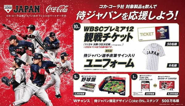 日本コカ・コーラ、侍ジャパンのオフィシャルパートナーに就任総計520万名様に当たるキャンペーンを10月7日（月）より開始コカ・コーラ社 対象製品を飲んで侍ジャパンを応援しよう！