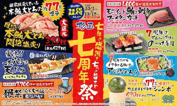 大衆寿司居酒屋「鮨 酒 肴　杉玉」が創業7周年！『7年の感謝を7つの旨さで 杉玉7周年祭』を開催！通常の約77％増量した商品や777円（税抜）の商品が登場！