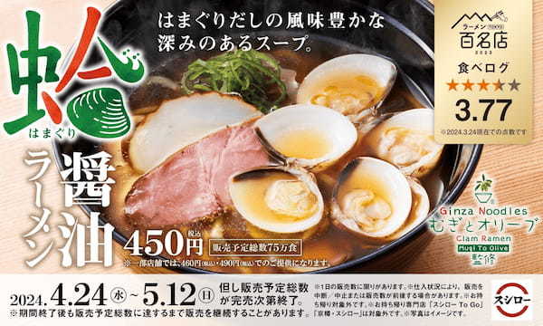 「スシロー×食べログ」全国名店監修シリーズ！食べログ点数3.77！風味豊かな貝出汁スープの「蛤SOBA」が人気の名店「むぎとオリーブ」監修「蛤醤油ラーメン」が期間限定で登場！