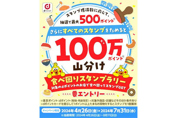 ドコモ、dポイント「食べ回りスタンプラリー」　7月31日まで