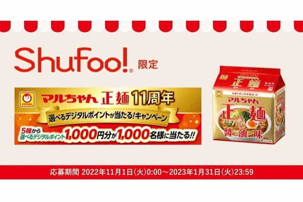 「マルちゃん正麺」を購入したレシートを「Shufoo!」から応募するとデジタルポイントが当たるキャンペーン開始