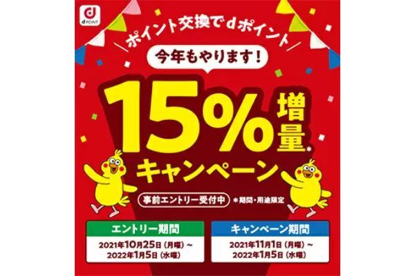 ドコモのdポイント15％増量キャンペーン、2021年11月1日から順次開始、事前エントリー受付中